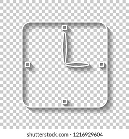Simple clock icon. White outline sign with shadow on transparent background