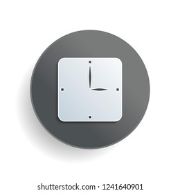 Simple clock icon. White paper symbol on gray round button with shadow