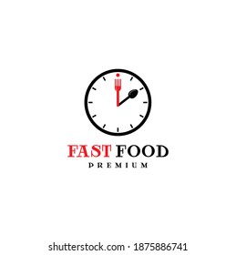 Simple Clock, Spoon and Fork for clockwise with Lettering Fast Food Logo Design 