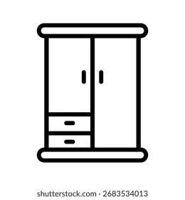 Ícone de vetor de armário simples em estilo de contorno preto limpo. Ilustração de guarda-roupa minimalista ideal para móveis, organização doméstica, armazenamento, design de interiores, quarto e temas de moda. Perfeito para teias
