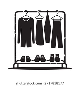 Um rack de roupas simples exibindo camisas calças e sapatos em preto e branco