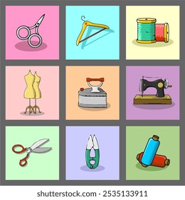 Simple clothing sewing tools set icon
