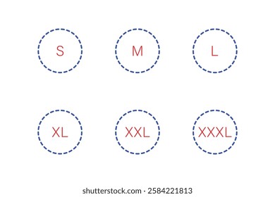 Simple clothing size indicators in dotted circles.