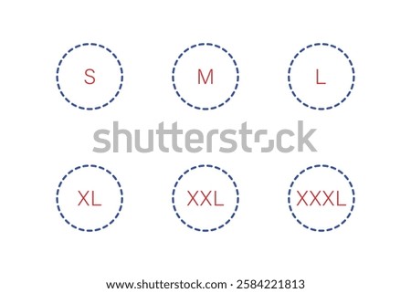 Simple clothing size indicators in dotted circles.