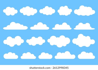 Simple cloud collection on blue background. Flat summer vector set. 