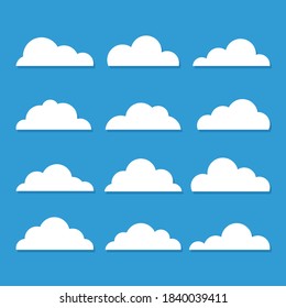 Simple colección de nubes de siluetas estilizadas con sombra. Conjunto de iconos de nube. Ilustración vectorial.