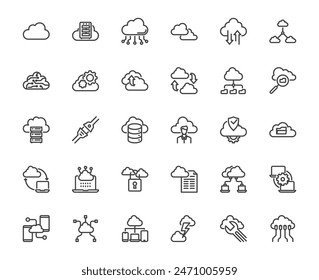 Simple cloud computing and other related thing line icon set white background, cloud technology and service concept, for application, media, website ux ui, 48x48 pixel perfect icon, editable stroke