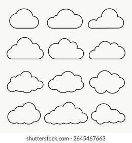 Simple cloud icons in black outline. Cloud shapes vary slightly. Cloud icons are arranged in a grid. Minimalist cloud design for weather apps or graphics. Weather illustration, vector set.