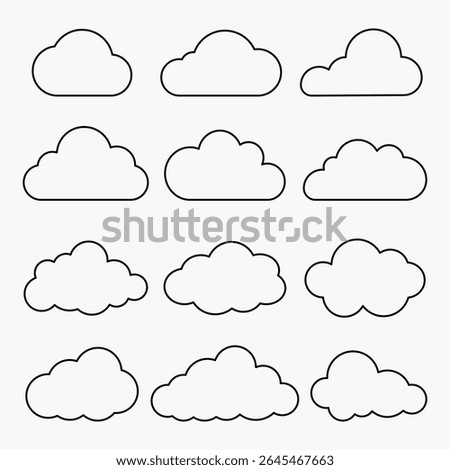 Simple cloud icons in black outline. Cloud shapes vary slightly. Cloud icons are arranged in a grid. Minimalist cloud design for weather apps or graphics. Weather illustration, vector set.