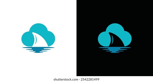 Simple Cloud Lake Sea Shark Logo Design Vector Template. 