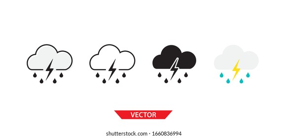 Simple cloud lightning rain icon on white background 4 types such as outline, black, color, outline and color. Vector illustration.