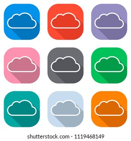 Simple cloud. Linear symbol with thin outline. Set of white icons on colored squares for applications. Seamless and pattern for poster