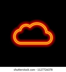 Simple cloud. Linear symbol with thin outline. Orange neon style on black background. Light icon