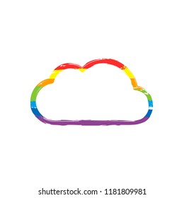 Simple cloud. Linear symbol with thin outline. Drawing sign with LGBT style, seven colors of rainbow (red, orange, yellow, green, blue, indigo, violet