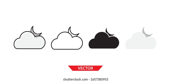 Simple cloud moon icon on white background 4 types such as outline, black, color, outline and color. Vector illustration.