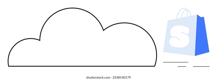 Simple cloud outline with a blue shopping bag featuring a prominent S at the corner. Ideal for online shopping, cloud storage, e-commerce, digital sales, and minimalist design themes. Clean