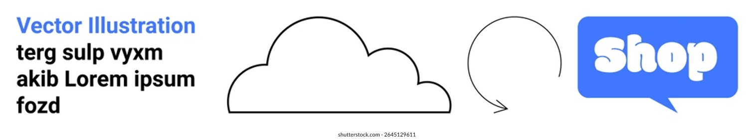 Simple cloud outline, circular arrow, and blue speech bubble with the word Shop. Placeholder text written beside icons. Ideal for e-commerce, cloud services, minimal design, web banners, marketing