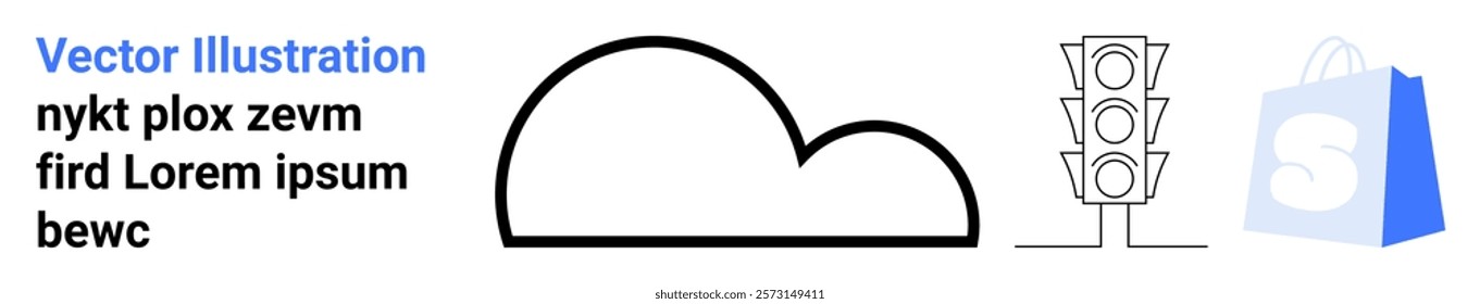 A simple cloud outline next to a traffic light and a blue shopping bag. Ideal for weather, traffic, shopping, minimalistic design, ecommerce. Landing page