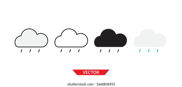 Simple cloud rain icon on white background 4 types such as outline, black, color, outline and color. Vector illustration.
