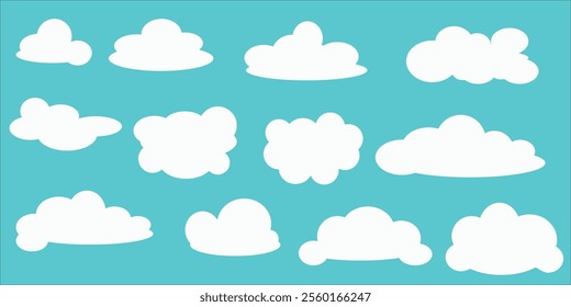 Simple cloud shapes. Flat cloud. Cartoon white fluffy, cumulus clouds in the blue sky. Abstract comic weather elements. Cloudy landscape objects for the game. Collection of vectors