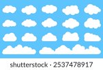 Simple cloud vector collection. Flat white cloud in blue sky. Comic weather elements. Vector illustration.