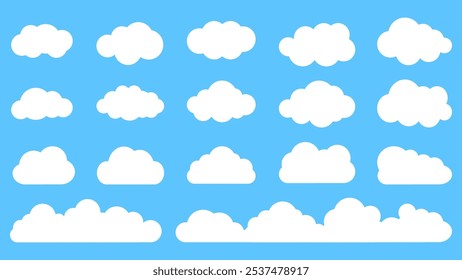 Simple cloud vector collection. Flat white cloud in blue sky. Comic weather elements. Vector illustration.