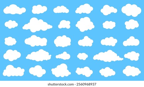 Simple cloud vector collection. Flat white cloud in blue sky. Comic weather elements. Vector illustration.