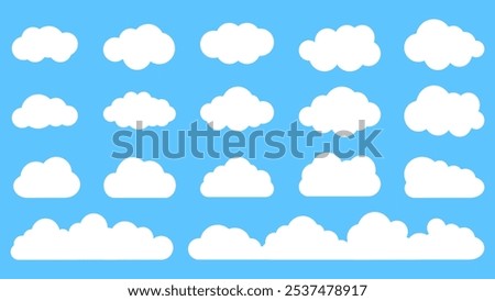 Simple cloud vector collection. Flat white cloud in blue sky. Comic weather elements. Vector illustration.