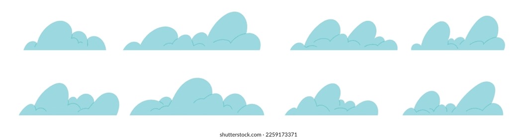 Simple clouds isolated set. Cute flat sky icon, cloud logo. Cartoon vector illustration isolated on white background.