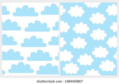 Simple Cloudy Vector Patterns. Cute Blue Clouds Isolated on a White Background. White Fluffy Clouds on a Blue Sky Print Ideal for Card, Fabric, Textile, Baby Boy Party Decoration. 
