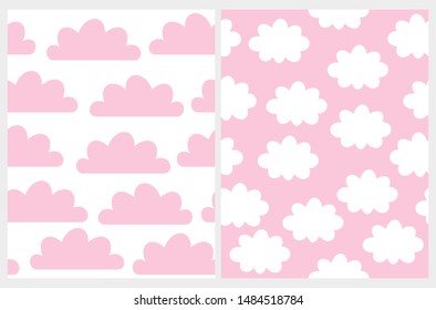 Simple Cloudy Vector Patterns. Cute Pink Clouds Isolated on a White Background. White Fluffy Clouds on a Sweet Pink Sky.  Lovely Pink and White  Print for Fabric, Textile, Baby Girl Party Decoration.