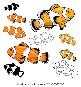 colección simple de vectores de peces payasos aislados en fondo blanco. peces, payaso, nemo, coral, arrecife, tropical, acuario, mascota, mariscos, liso, naranja, blanco, negro, ilustración vectorial.