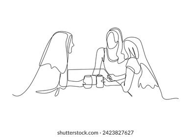 Simple cntinuous line drawing of Three friends tell each other after not seeing each other for a long time. Simple line, hang out minimalist concept.