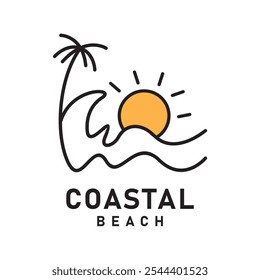 Logotipo de praia costeira simples com sol, onda e palmeira