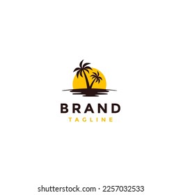Simple Coconut Island Logo Design. Island with two coconut trees on a sun background logo design.