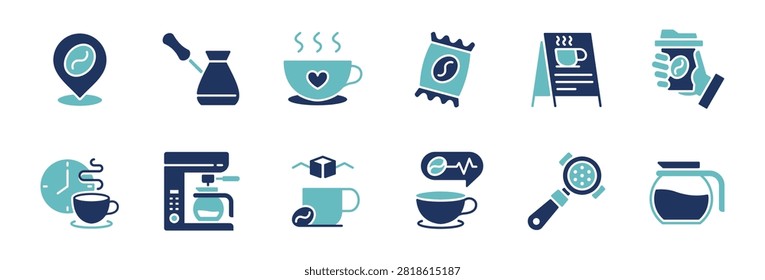 Simple coffee cafe icon set. Coffee brewing, espresso machine, coffee time, cafe coffeehouse, bean, mug, barista equipment signs vector illustration