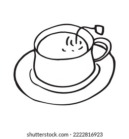 Simple coffee cup hand drawn outline graphic. Single tea mug with tea bag in it original pen drawing detail. Hot morning drink served sweet cartoonish symbol illustration. Restaurant menu decoration.