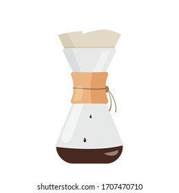 Simple coffee filter illustration. Way to make coffee. Glass filter isolated on white background.