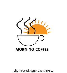 Simple coffee logo with morning sunshine silhouette design vector