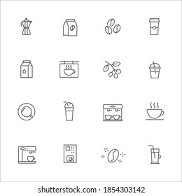 Simple coffee related vector line icons set Contains icons such as Cezve, Coffee Maker, Beans and more. Editable strokes.