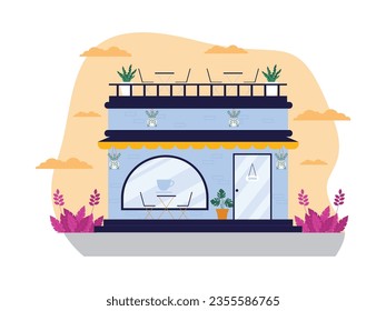 Simple coffee shop building, blue with minimalist exterior, vector illustration.