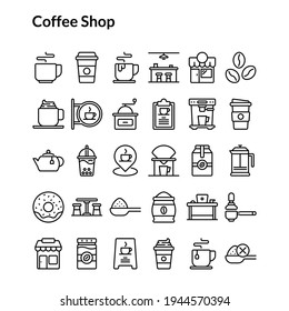 Simple Coffee Shop Icon Set Line Style Contain Such Icon as Sugar, Beans, Tea, Breakfast, Donut, Beverage, Drink, Grinder, Coffe Machine, Maker, Kettle, Sign and more. 64 x 64 Pixel Perfect