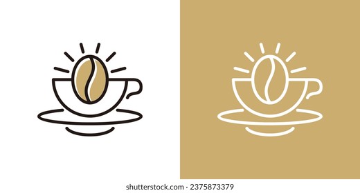 Sencillos diseños de logotipo de sol de café con estilo de arte de línea. Amanecer con granos de café y taza de café. plantilla de diseño de ilustración del logotipo de cafés cafés