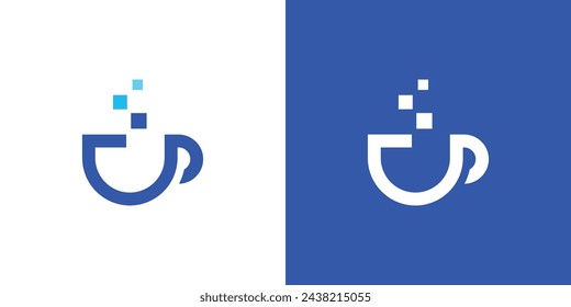  Simple Coffee Tech Logo. Coffee Cup, Mug and Data Tech Symbol with Modern Minimalist Style. Technology Logo Icon Symbol Vector Design Template.