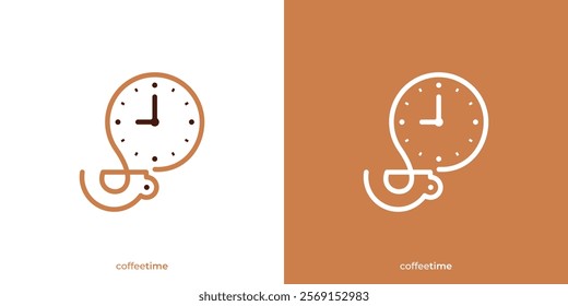 Simple Coffee Time Logo. Coffee Cup Mug and Time Clock Icon Graphic. Coffee Break Logo Design Template.