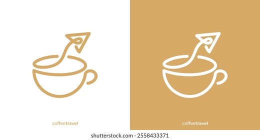 Simple Coffee Travel Logo. Coffee Cup Mug and Airplane Icon Graphic. Coffee Shop Logo Design Template.