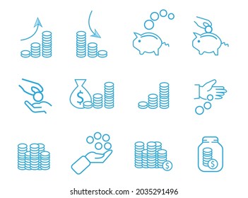 simple coin related vector line icon with various icons