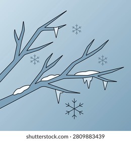 Simple cold winter bare tree branches covered with snow and hanging icicles with falling snowflakes on a blue background.