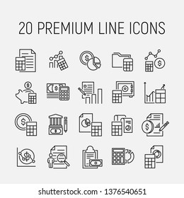 Simple collection of accounting related line icons. Thin line vector set of signs for infographic, logo, app development and website design. Premium symbols isolated on a white background. 