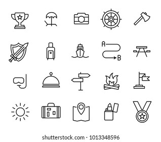 Simple collection of adventure related line icons. Thin line vector set of signs for infographic, logo, app development and website design. Premium symbols isolated on a white background.